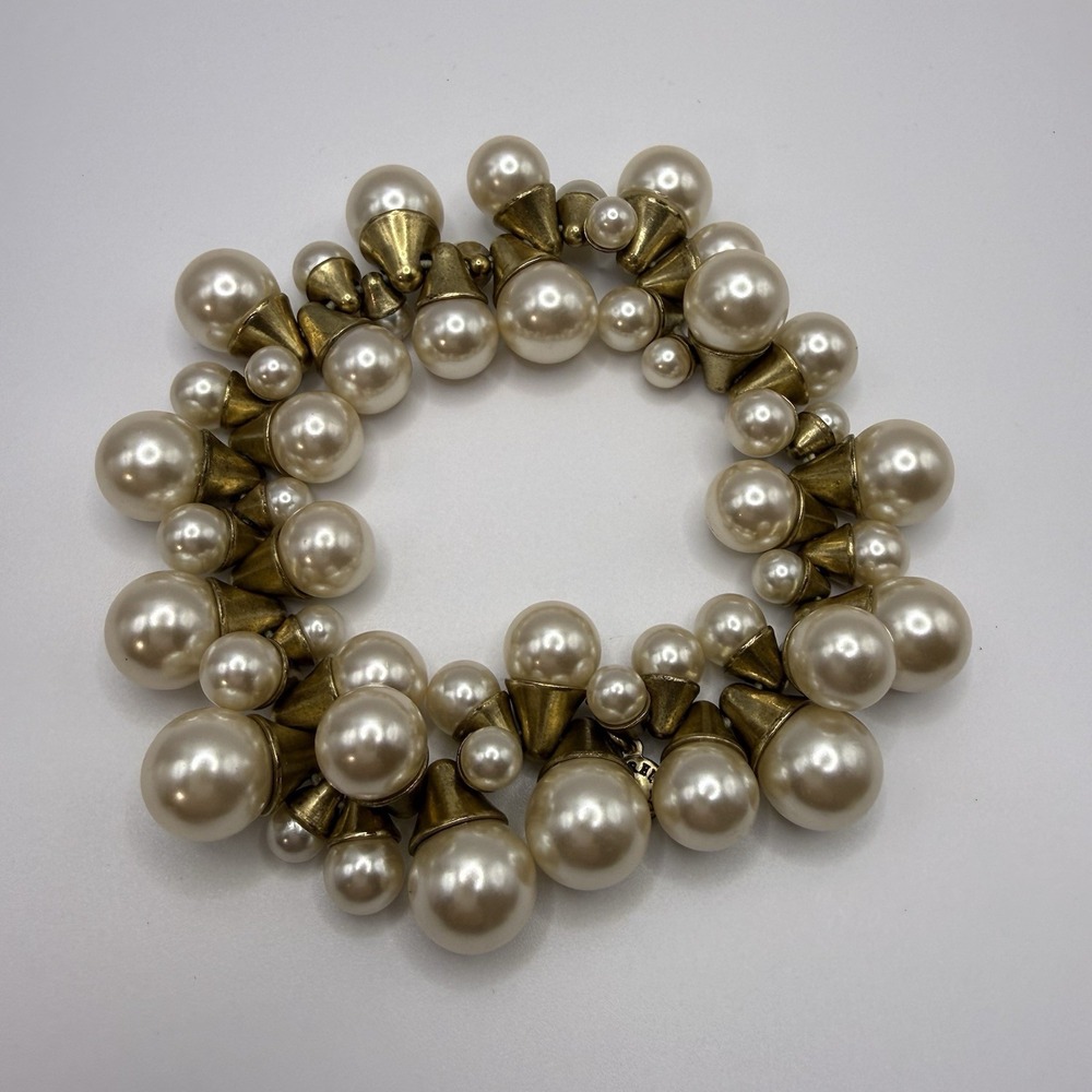 J.CREW Bracelet Cha Cha Champagne Faux Pearl Statement Stretch Gold Tone